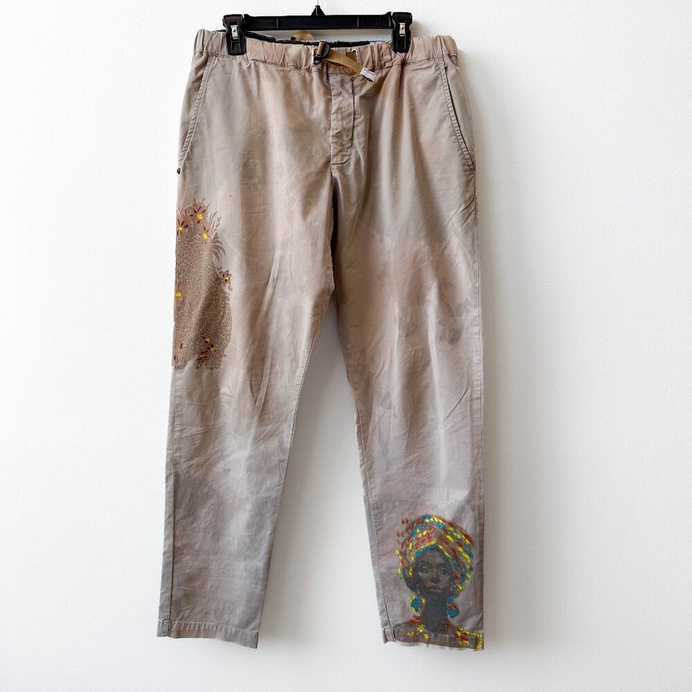 White Sand Hand-Painted Beige Chino Pants – Unique Artwear